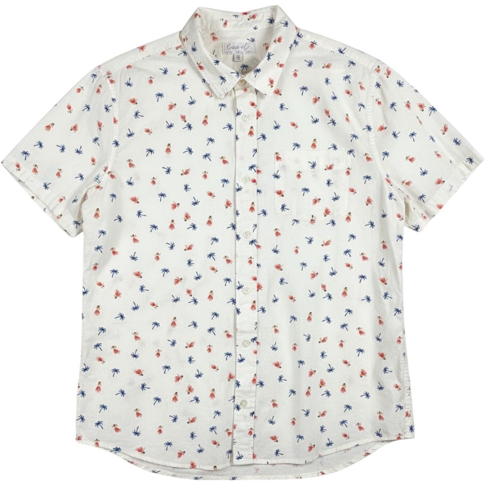Cotton & Co Mens Short Sleeve Button Down Shirt XL Cream Hula Girl Palm Tree
